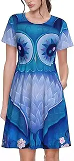 [EdWal] Blue owl Print Womens Sundress Summer Floral Short Sleeve Wrap Round Neck A-Line Midi Dress Summer