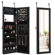 Costway 120CM Door/Wall Mounted Jewelery Cabinet Lockable Jewelery Organizer w/ Large Storage Capacity&15 LED Light Black