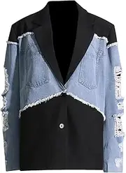 [Zadaos] Women's Blazer Jacket Fashion Single-Breasted Denim Patchwork Contrast Color Slim Suit Jackets
