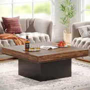 Square LED Coffee Table for Living Room - Rustic Brown & Black