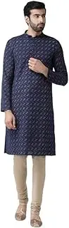KISAH Men's Kurta, Navy Blue Cotton Blend, Printed Regular Fit Mandarin Collar Long Sleeves