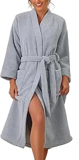 [cheibear] Womens Fluffy Fleece Robe Long Sleeve Thick Plush Self Tie Long Bathrobe for After Shower Spa Bath Suana Light Grey L