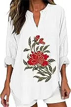 Women's Long Sleeved V Neck and Linen Shirt Casual Round Neck Retro Pattern Printed Shirt Loose Top Womens Dress Shits