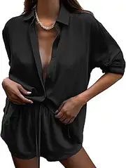 [DEEP SELF] 2 Piece Outfits for Women Summer Botton Down Long Sleeve Shirt with Shorts Set Casual Matching Set Streetwear