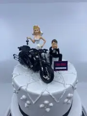 Bride and Groom w/Harley Davidson Night Rod Motorcycle Funny Wedding Cake Topper