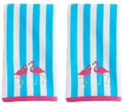 Summer Beach Cottage Red Flamingo Blue Stripes Cotton Bath Hand Towels 2-pk.