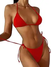 [Cozyan] Bikini Women's Set Sexy Swimsuit Swimwear High Waist Colour Block Two Piece Bikini Women's Push Up Padded Push-Up Bikini Set Halterneck Two Piece Swimsuit, red, S