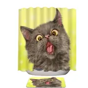 Playful Black Grey Cat over Yellow Shower Curtain