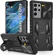 Case for Samsung Galaxy S22 Ultra: Military Grade Drop Proof Protection Rugged Protective S22Ultra 5G Phone Cover with Built in Kickstand & Slide - Shockproof TPU Matte Textured Bumper Design - Black