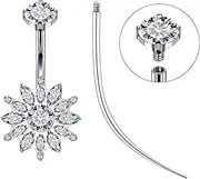 [Ruifan] ASTM F136 Titanium Belly Button Rings Flower Cubic Zircon Hypoallergenic Internally Threaded 14G Navel Body Piercing Jewelry 10mm 12mm 14mm For Women