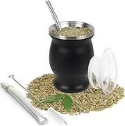8 Oz Yerba Mate Gourd Tea Cup, Stainless Steel Double-Walled Teacup Set Traditional Mate Cup Included 2 Bombillas(Yerba Mate Straws), Yerba Mate Gourd Cup and Cleaning Brush (Black)