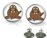 Cute Walrus & Fish Glass Top Stud Girls Earrings 12mm Handcrafted Hypoallergenic