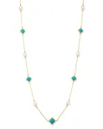 Bloomingdale's Fine Collection Cultured Freshwater Pearl & Turquoise Clover Station Necklace in 14K Yellow Gold, 36