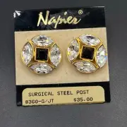 Napier Signed Vintage Deadstock Black Clear Rhinestone Pierced Earrings New