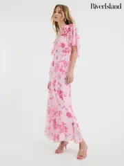 River Island Pink Floral Print Angel Sleeve Corsage Maxi Dress (H54778) | $196