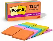 Post-it Super Sticky Notes, 3 in x 3 in, Rio de Janeiro Collection, 12 Pads/Pack, 90 Sheets/Pad (654-12SSUC)
