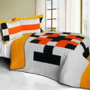 3 PC Tetris D orange yellow black white geometric vermicelli Queen Quilt Shams