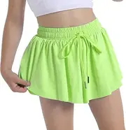 [Skyant] Flowy Butterfly Shorts for Girls 2-in-1 Athletic Running Skirt Shorts Cheer Tennis Dance Preppy with Spandex Liner(Neongreen)