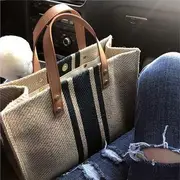 Striped Canvas Tote Bag Zip Edition - Almond & Black - One Size