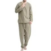 INCERUN Men Home Two Piece Set Solid Color Cotton Linen Long Sleeve Top and Pant with Pockets, Casual Men's Set Plus Siz