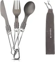 Navaris Titanium Camping Cutlery Set - Lightweight Foldable Metal Silverware for Backpacking, Hiking - Knife, Fork and Spoon with Carabiner and Bag