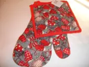 New! Holiday Christmas Winter Mittens Oven Mitt Potholder Set Cotton Kitchen Set