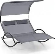 HAPPYGRILL Outdoor Chaise Lounge Rocker, 2-Person Rocking Daybed Sun Lounger with Sun Shade Canopy & Headrest Pillows, Hammock Bed Loveseat with Heavy-Duty Metal Frame for Patio, Backyard, Poolside
