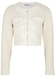 Self-portrait Floral-appliquéd Cropped Waffle-knit Cardigan - Cream - M (UK12 / M) M (UK12 / M)