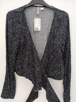 H&M Size 12 Black V Neck Crossover Tie Front Cropped Blouse Long Sleeve BNWT.