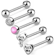 [OUFER Body Piercing] 14g 316L Stainless Steel Clear Cubic Zirconia Tongue Piercing Jewelry Sexy Tongue Piercings Tongue Piercing 5pcs, Stainless Steel