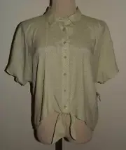 New Womens Nine West Top Large Green White Short Sleeve Button Tie Front Shirt