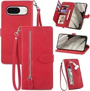 Full Body Protective Shell Compatible with Google Pixel 8 Pro 8Pro Pixel 8 Non-Slip Phone Holder Zipper Card Slot Wallet Clip Anti-fall Leather Case (Google Pixel 8, Red)