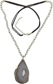 [Gypsy Jewels] Long Natural Stone Agate Slice Faux Suede Necklace - Assorted Colors (Imitation Pearl Brown)