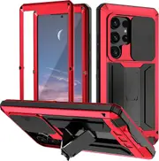 Waterproof Case For Samsung Galaxy S24 Ultra/ S24 Plus/ S24 Aluminum Metal Frame Slide Camera Cover Kickstand Full Body Shockproof-Red