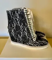 CASADEI High Top Hidden Wedge Sneaker Boots Black Lace & Chains