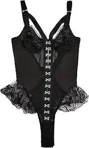 [Generic] Women Deep V Mesh Bodysuit Sexy Lace Babydoll Lingerie Snap Slim Fit See Through Nightie, Black, XX-Large
