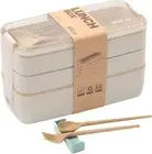 Beige Stackable Bento Lunch Box Kit for Kids, 3-In-1 Compartment Wheat Straw