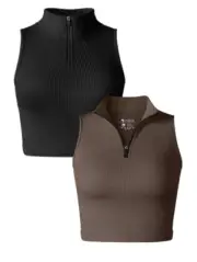 OQQ 2 Pack Women's Tank Crop Tops Small Sleeveless Zip Close Shirts Back Brown M