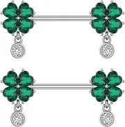 [IMINI] 14G Four-Leaf Clover Nipple Ring Barbells - Hypoallergenic Stainless Steel Body Piercing Jewellery with Cubic Zirconia, Dainty Shamrock Nipplerings Tongue Ring Lucky Charm Gift