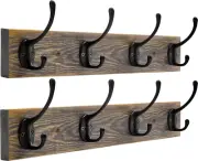 2 Metal Wood Coat Rack with 8 Black Literary Rustic Hooks Rail Coat