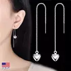 Women 925 Sterling Silver Earrings 3D Solid Heart Tassel Threader Ear Chain 1957