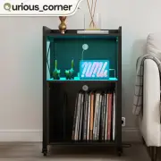 Vinyl Player Stand Turntable Albums End Table Storage RGB Light w/ Power Station