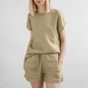 ZANZEA Plus Size Women Cotton Linen Two Set Solid Elastic Waist Pocket Short Sleeve Blouses and Short Casual Summer Two-