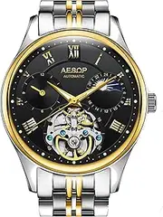 [carlien] Men Tourbillon Skeleton Stainless Steel Automatic Mechanical Sapphire Glass Roman Numerals Dial Watch
