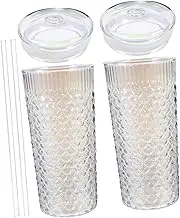 PHENOFICE Glasses Lid and Straw Fish Scale Pattern Glass Cup Iridescent Tumbler Straw for Water Juice