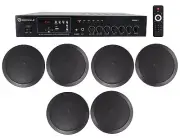 1-Zone Home Audio Receiver+(6) Black Ceiling Speakers For Bedroom/Living Room