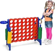 Costway Giant 4-in-A Row, Jumbo 4-to-Score Giant Game Set for Kids & Adults, Indoor Outdoor Family Connect Game w/Basketball Hoop, Ring Game, 42 Jumbo Rings, Quick-Release Slider (Blue)