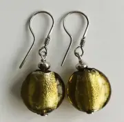 New Venetian Glass Sterling Silver Dangling Earrings Sphere Champagne + Gift Bag