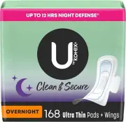 U by Kotex Clean & Secure Ultra Thin Overnight Pads with Wings 168 Count