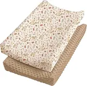 Konssy Minky Changing Pad Cover 2 Pack，Soft Minky Dots Plush Diaper Changing Table Cover Set, Breathable Changing Pad Sheets for Baby Girls Boys (Autumn Bloom,Brown)